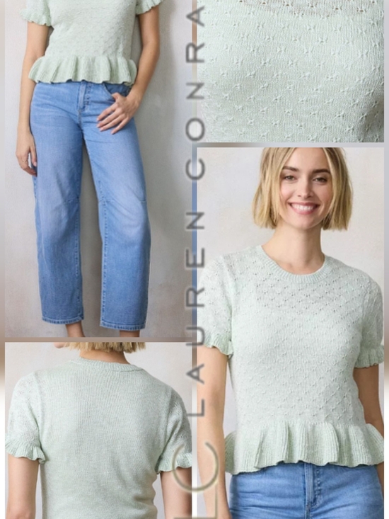 LC Lauren Conrad Tops - LC Lauren Conrad Flutter Peplum Short Sleeve Ruffle-Hem Sweater In Faded Ivy